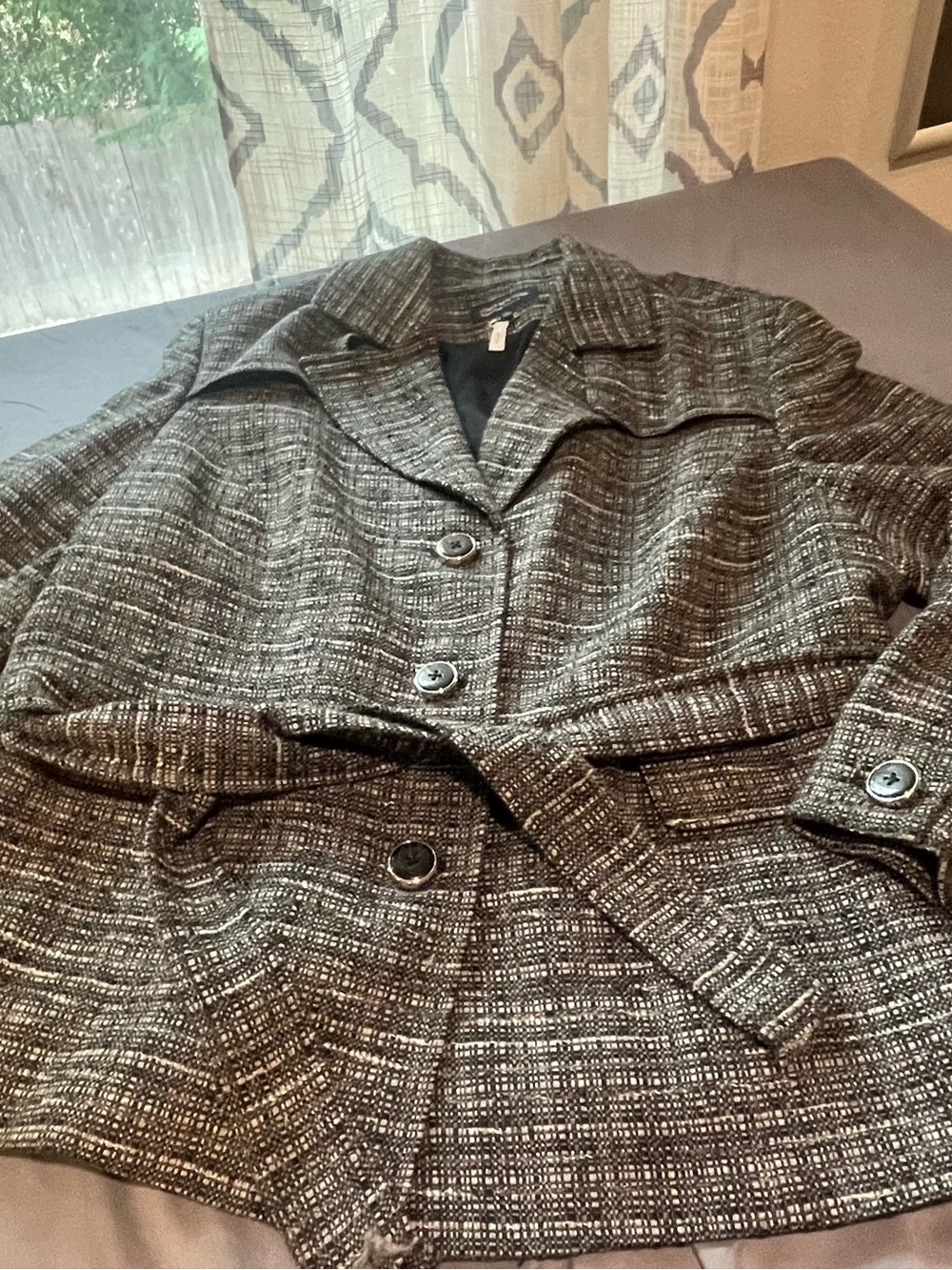 Jones New York Black and Gray Tweed Belted Pea Coat